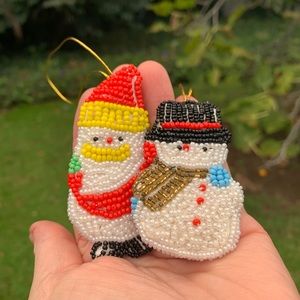 Vintage Beaded Santa & Snowman Christmas Ornaments